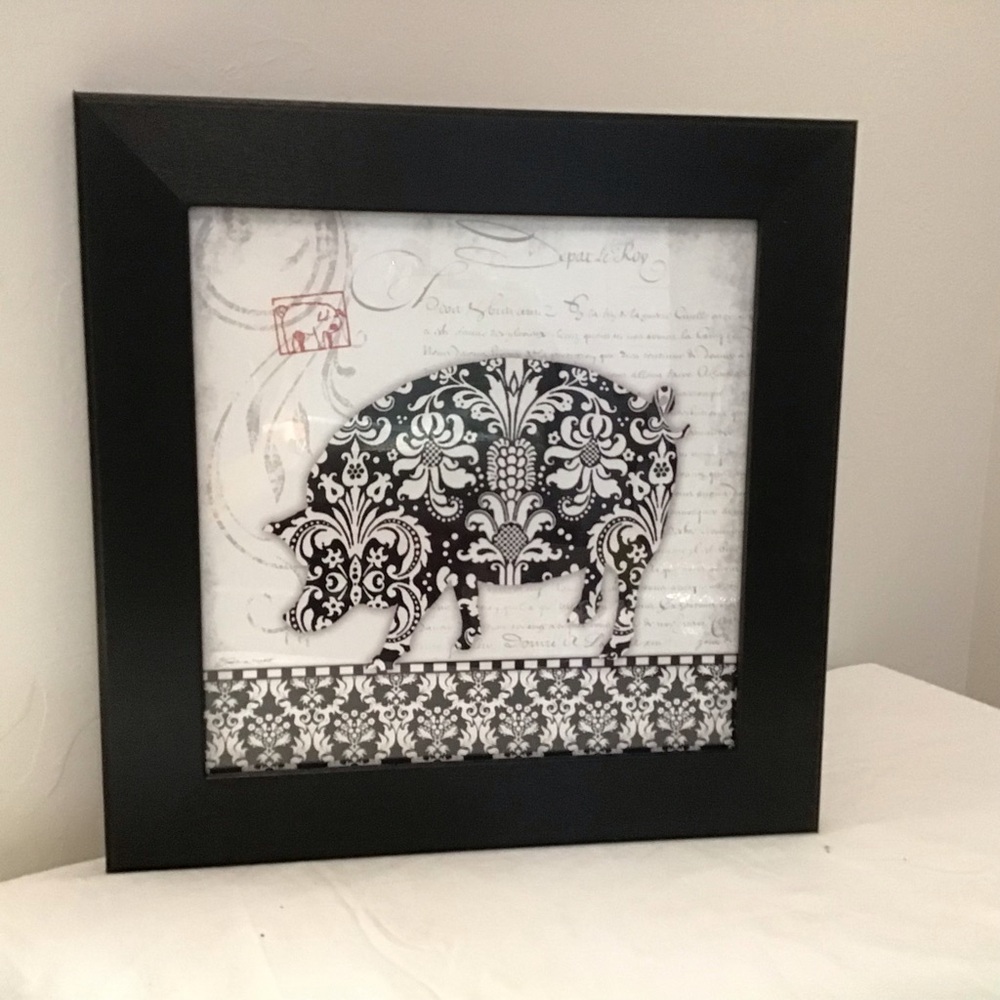 🐖 Celebrating Home “Damask Pig” Framed Wall Art — 15x15 Black Frame •